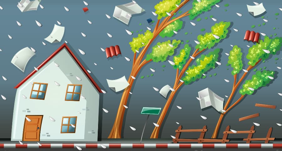 Graphic of a storm striking a residence and surrounding environment